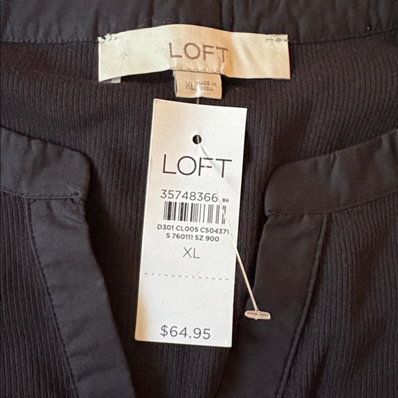 NWT LOFT Mixed-Media Blouse Split-Neck Puff-Sleeve Women’s XL Black Ribbed Plaid - Picture 7 of 8